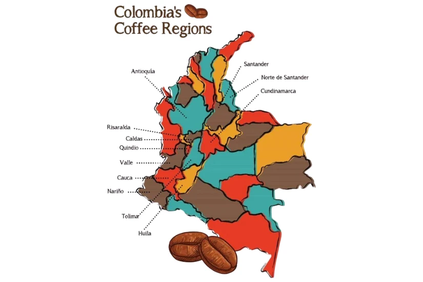 نقشه نواحی اصلی کشت قهوه در کلمبیا